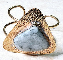 Load image into Gallery viewer, Hand Forged Natural Moss Agate Large Abstract Triangular Shaped Stone Open Cuff Bracelet Textured Brass Metal