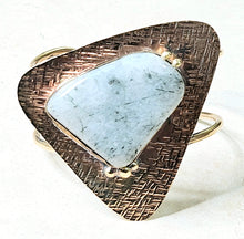 Load image into Gallery viewer, Hand Forged Natural Moss Agate Large Abstract Triangular Shaped Stone Open Cuff Bracelet Textured Brass Metal
