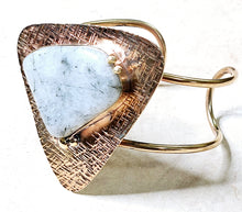 Load image into Gallery viewer, Hand Forged Natural Moss Agate Large Abstract Triangular Shaped Stone Open Cuff Bracelet Textured Brass Metal