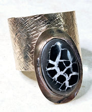 Load image into Gallery viewer, Hand Forged Natural Septaria Pyrite Agate Large Oval Shaped Stone Open Cuff Bracelet Brass Hand Textured Metal