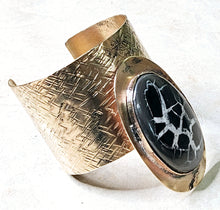 Load image into Gallery viewer, Hand Forged Natural Septaria Pyrite Agate Large Oval Shaped Stone Open Cuff Bracelet Brass Hand Textured Metal