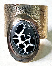 Load image into Gallery viewer, Hand Forged Natural Septaria Pyrite Agate Large Oval Shaped Stone Open Cuff Bracelet Brass Hand Textured Metal
