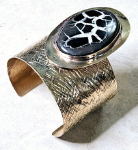 Load image into Gallery viewer, Hand Forged Natural Septaria Pyrite Agate Large Oval Shaped Stone Open Cuff Bracelet Brass Hand Textured Metal