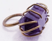 Load image into Gallery viewer, Amethyst Stone &amp; Brass Metal Ring Size 8

