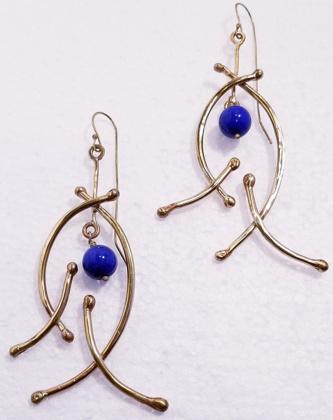 Abstract Fish Lapis Stone & Brass Metal Earrings