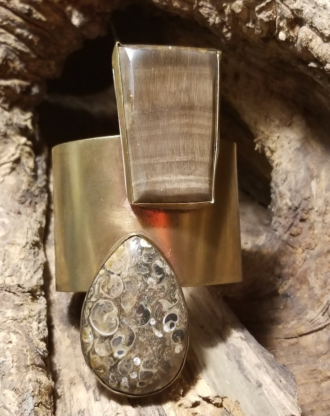 Brown Agate Dual Stone & Brass Metal Cuff Bracelet