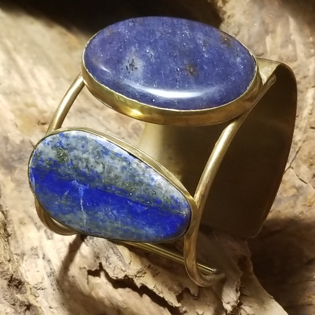 Lapis Lazuli & Sodalite Dual Stone & Brass Metal Cuff Bracelet