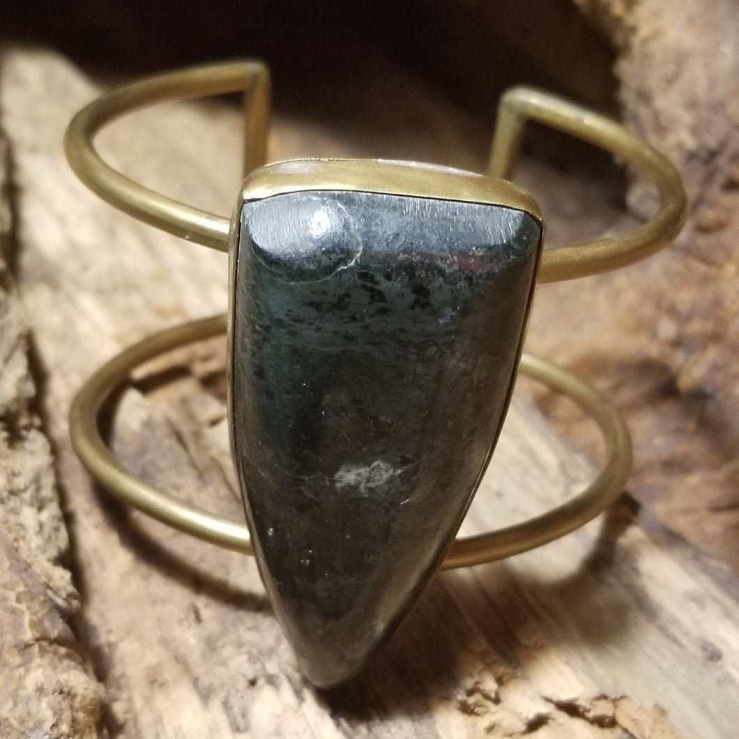 Serpentine Stone & Brass Metal Open Cuff Bracelet