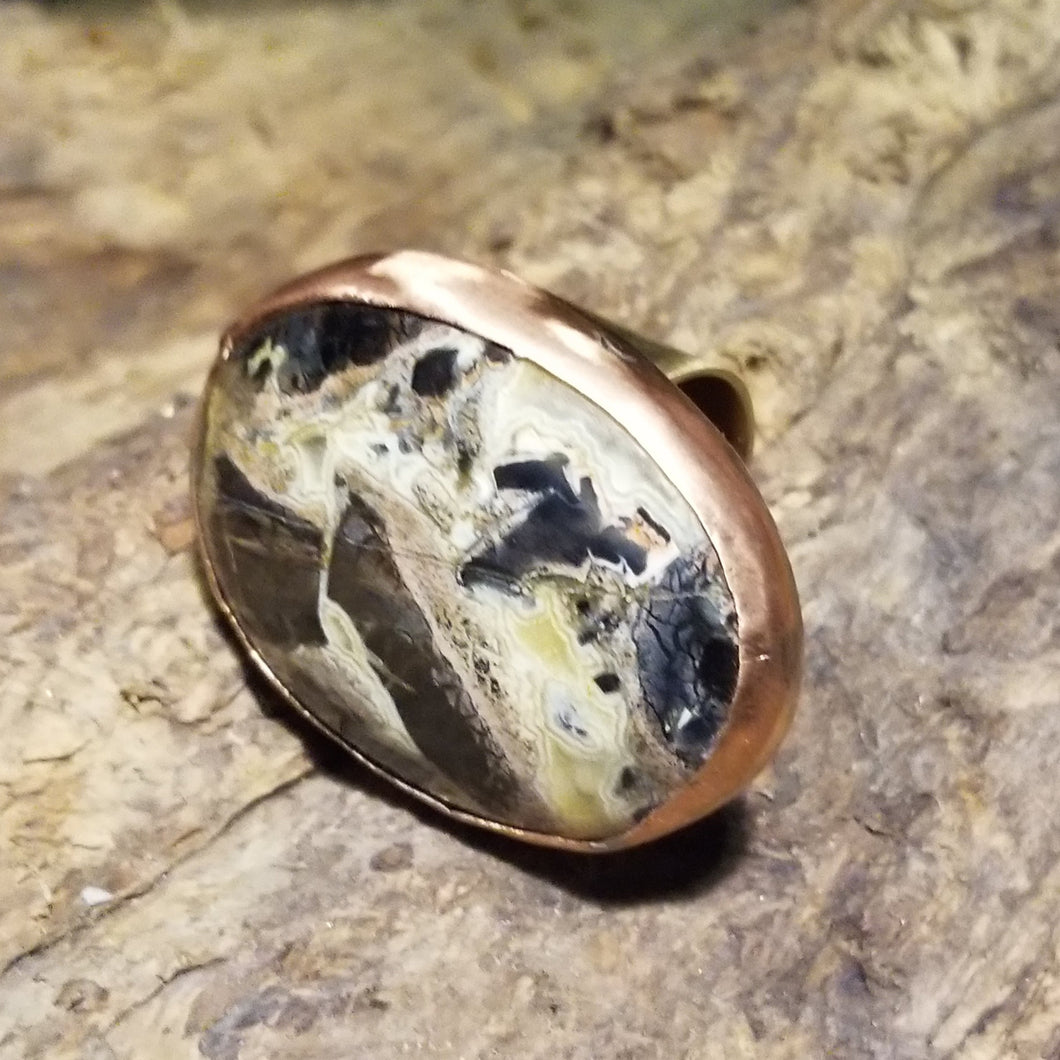 Breciated Jasper Stone Brass & Copper Metal Ring Size 9