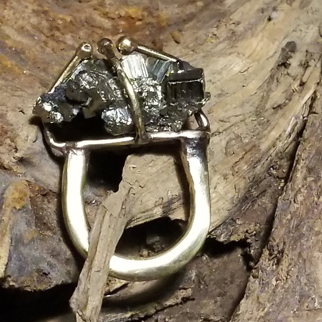 Pyrite Stone & Brass Metal Ring Size 9