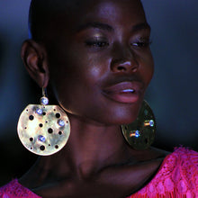 Load image into Gallery viewer, AB Crystal &amp; Brass Metal Disc Earrings
