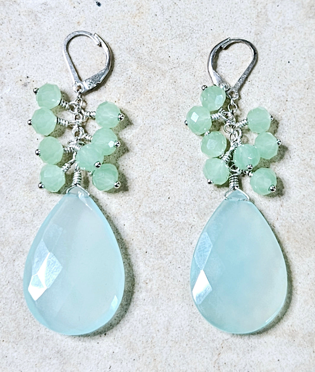 Aqua Chalcedony Aqua Crystal Glass & Sterling Silver Drop Earrings