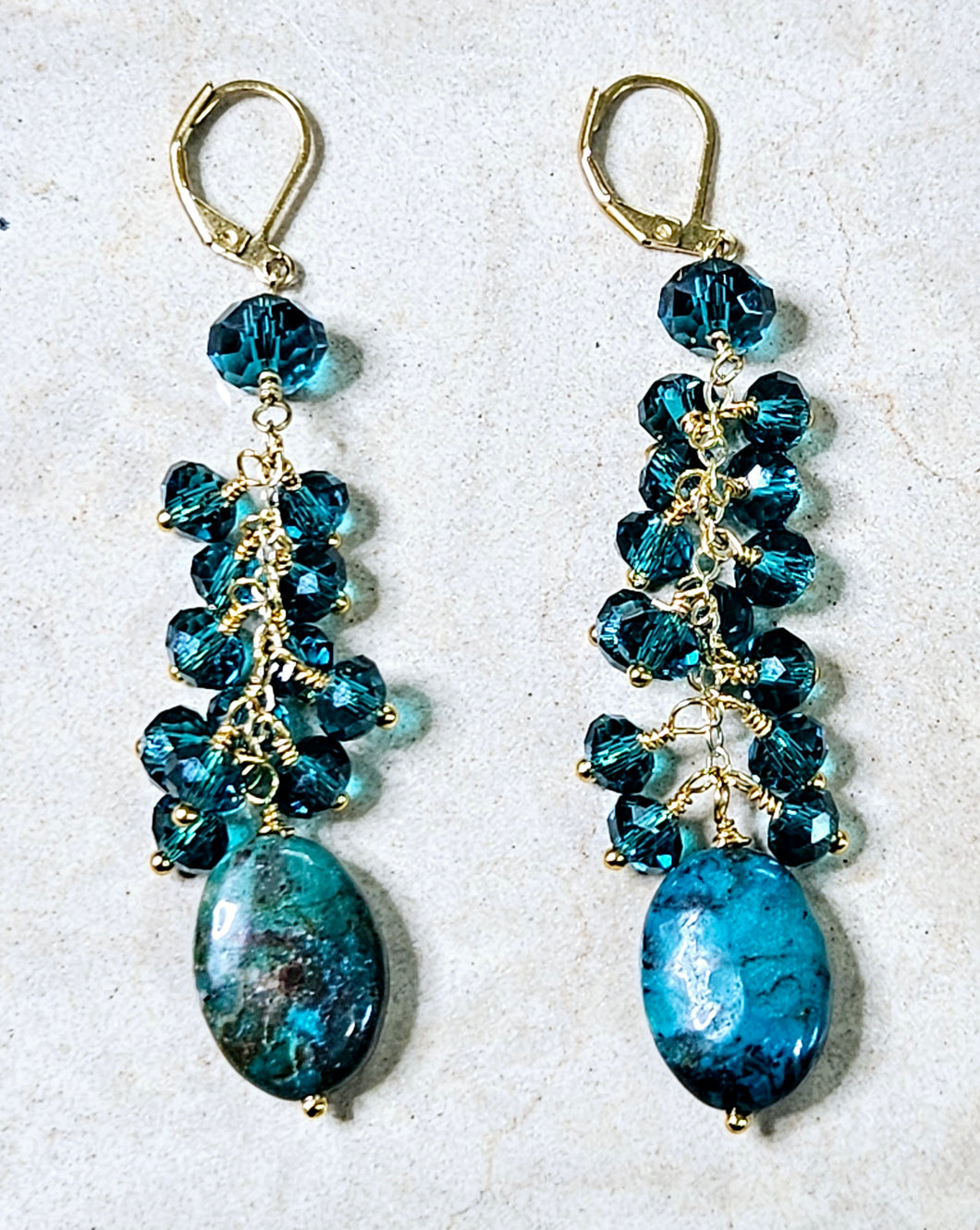 Chrysoprase Drop Earrings with Clustered Teal Green Crystal Glass & Brass Hardware