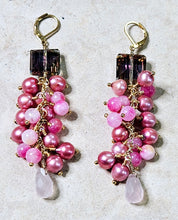 Load image into Gallery viewer, Pink Pearl, Cherry Quartz, Pink Chalcedony Cluster Drop Earrings Brass Metal
