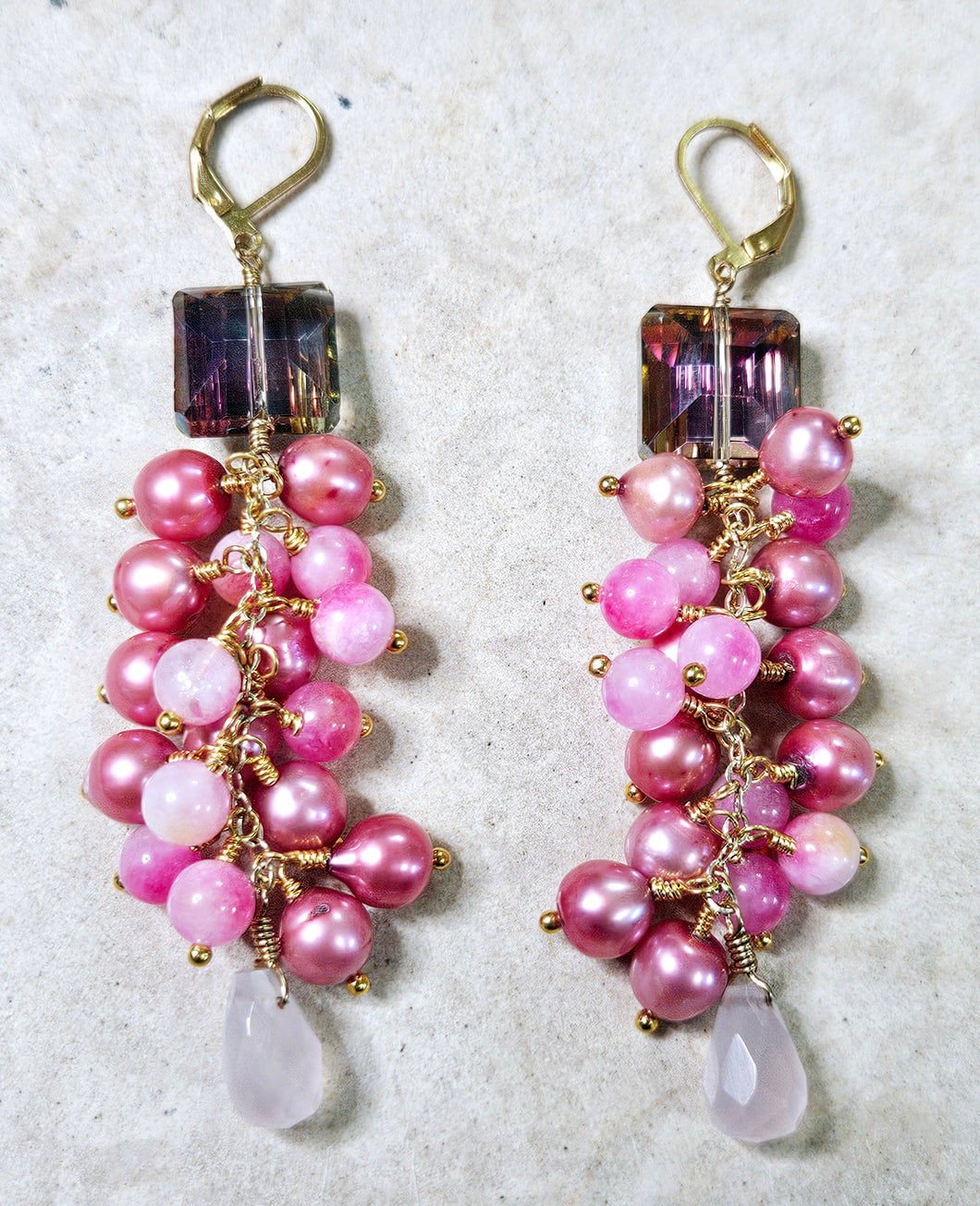 Pink Pearl, Cherry Quartz, Pink Chalcedony Cluster Drop Earrings Brass Metal