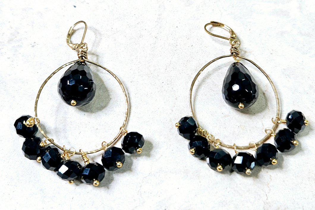 Black Onyx Cluster Small Hoop Earrings Brass Hardware