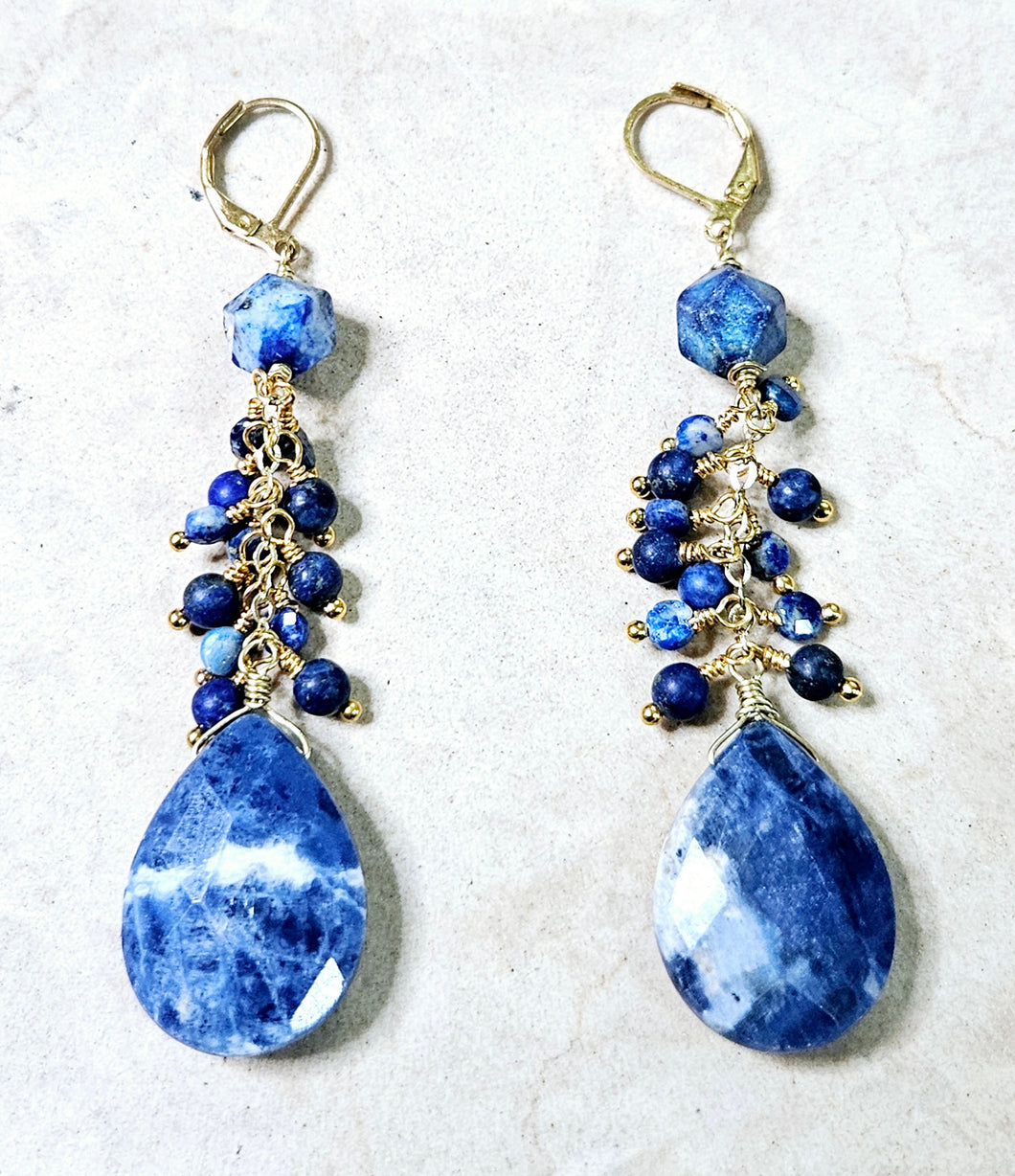 Sodalite Cluster Drop Earrings Brass Earrings