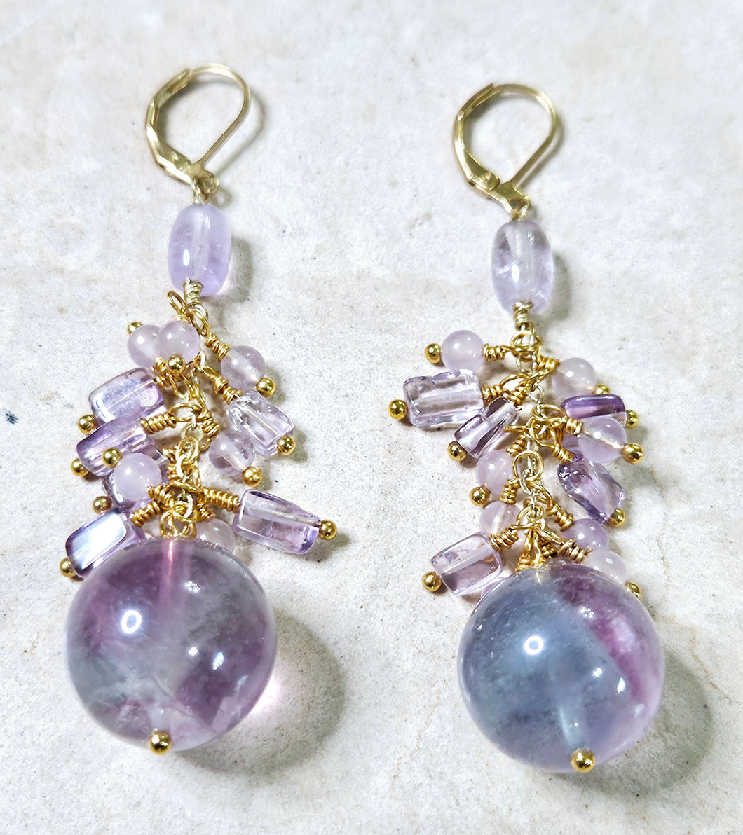 Lavendar Amethyst Round Flourite Bottom Drop Cluster Earrings Brass Hardware