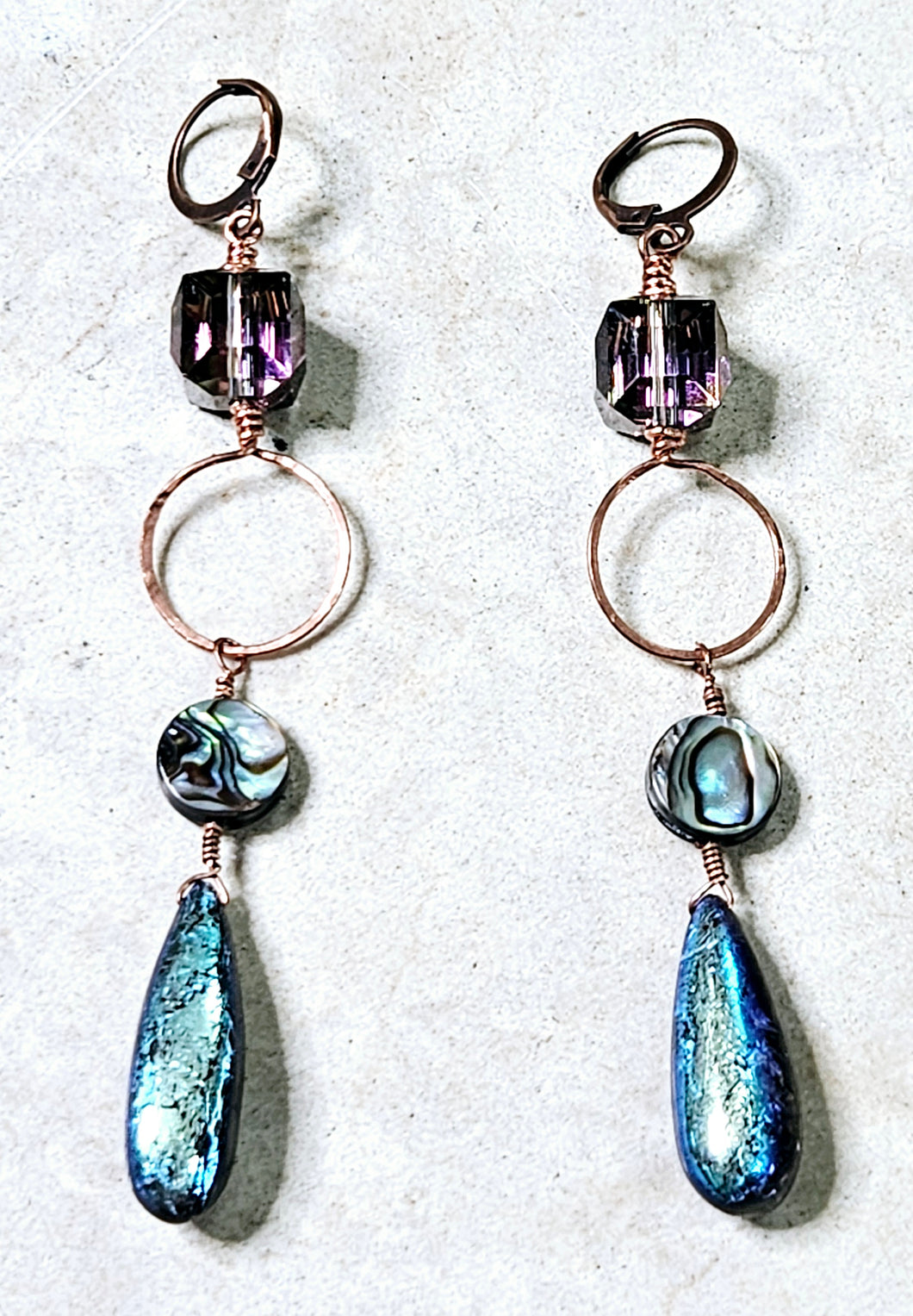 Labradorite, Abalone, AB Crystal Glass Drop Earrings Copper Hardware