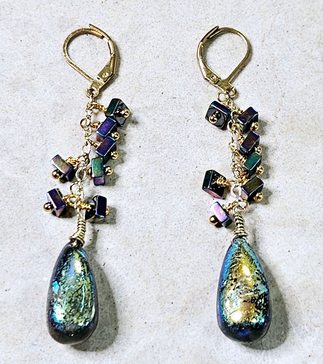 Titanium Coated Labradorite & Clustered Hematite Stones Earrings Brass Hardware