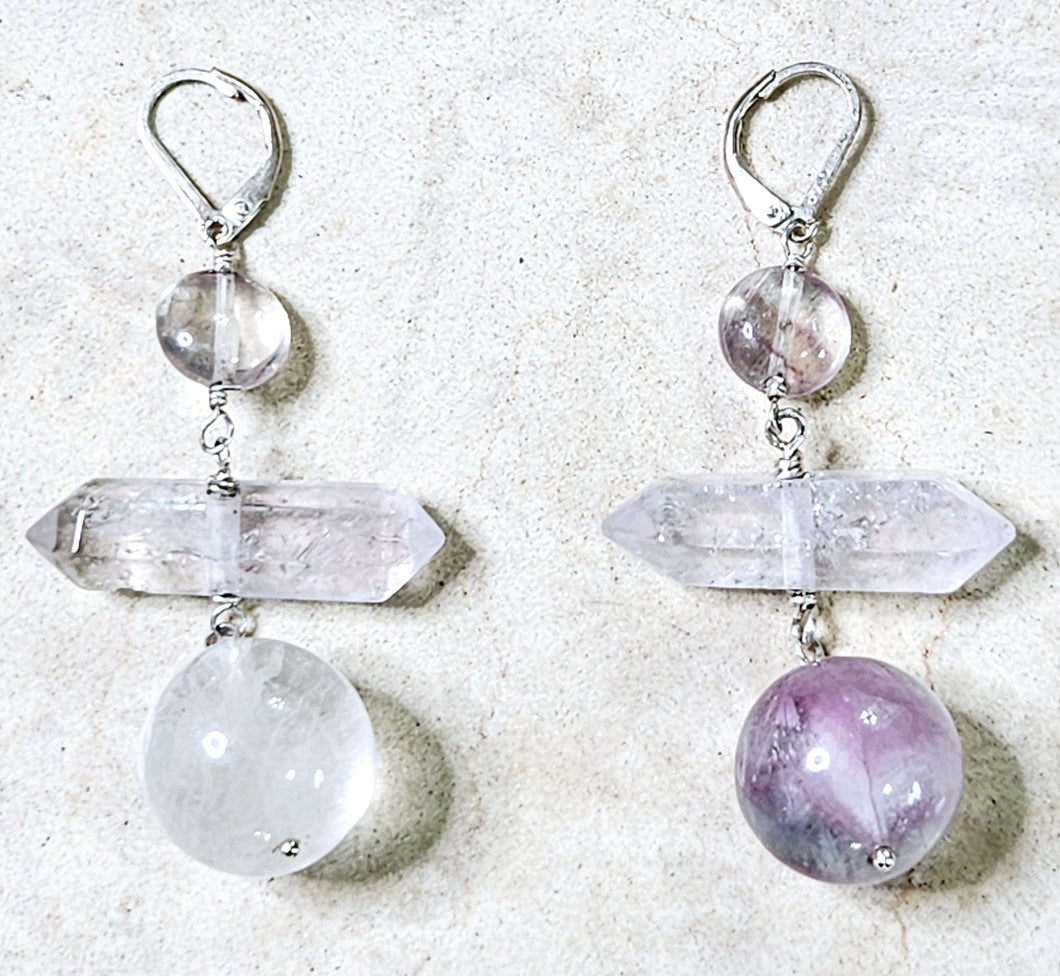 Pale Lavendar Amethyst & Flourite Stone Drop Earrings Sterling Silver Metal Hardware