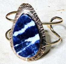 Load image into Gallery viewer, Handcrafted Sodalite Large Tear Shaped Stone Open Cuff bracelet Brass
