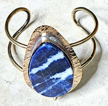 Load image into Gallery viewer, Handcrafted Sodalite Large Tear Shaped Stone Open Cuff bracelet Brass
