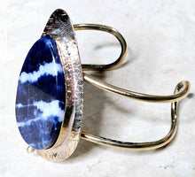 Load image into Gallery viewer, Handcrafted Sodalite Large Tear Shaped Stone Open Cuff bracelet Brass
