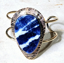 Load image into Gallery viewer, Handcrafted Sodalite Large Tear Shaped Stone Open Cuff bracelet Brass
