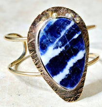 Load image into Gallery viewer, Handcrafted Sodalite Large Tear Shaped Stone Open Cuff bracelet Brass
