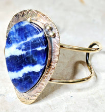 Load image into Gallery viewer, Handcrafted Sodalite Large Tear Shaped Stone Open Cuff bracelet Brass
