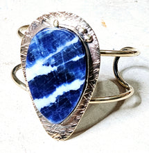 Load image into Gallery viewer, Handcrafted Sodalite Large Tear Shaped Stone Open Cuff bracelet Brass
