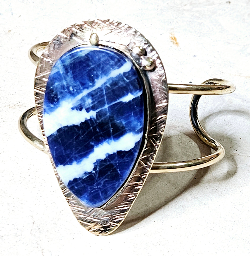 Handcrafted Sodalite Large Tear Shaped Stone Open Cuff bracelet Brass