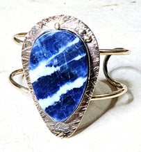 Load image into Gallery viewer, Handcrafted Sodalite Large Tear Shaped Stone Open Cuff bracelet Brass
