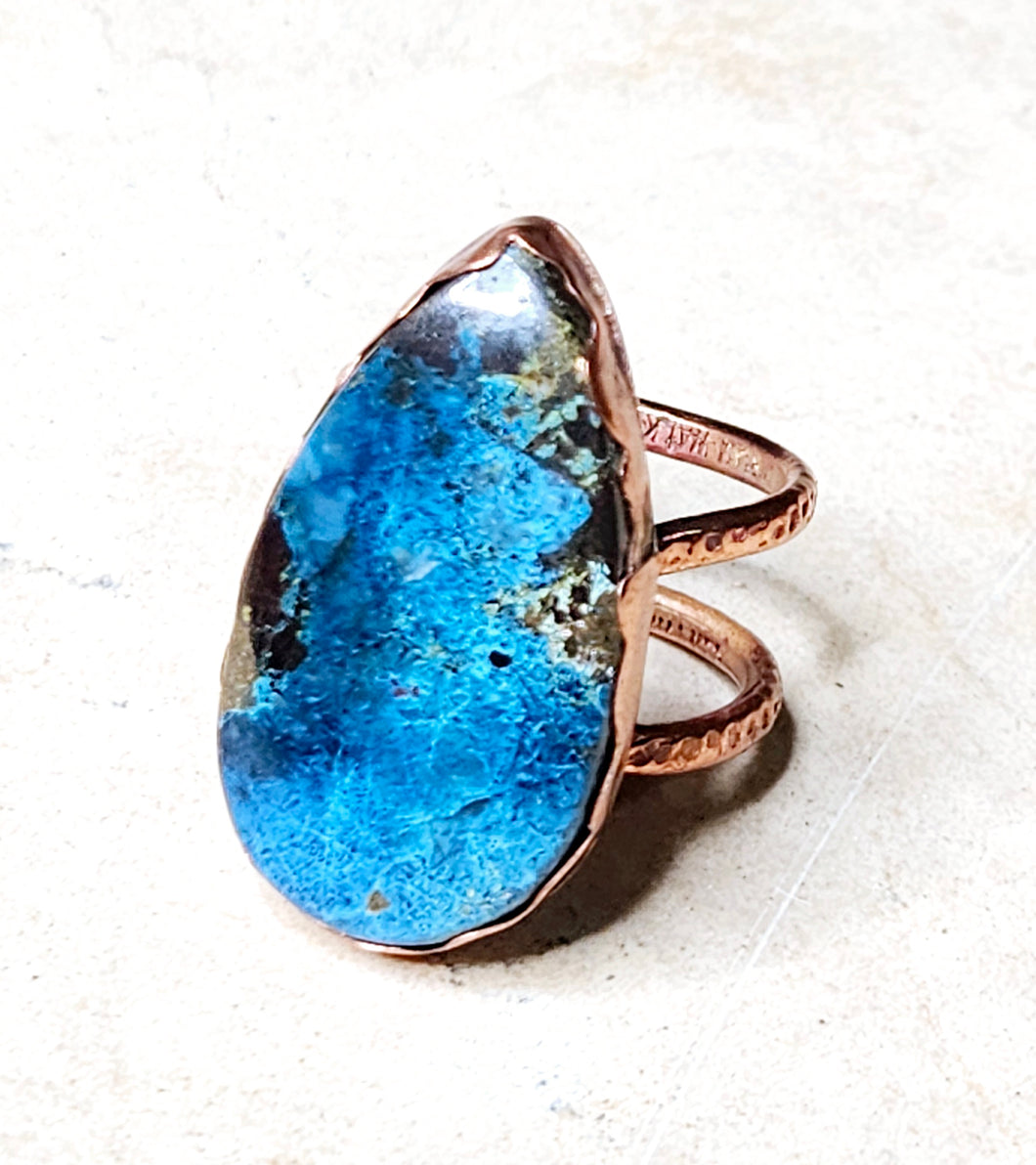 Natural Azurite Stone Ring Copper Metal Size 10