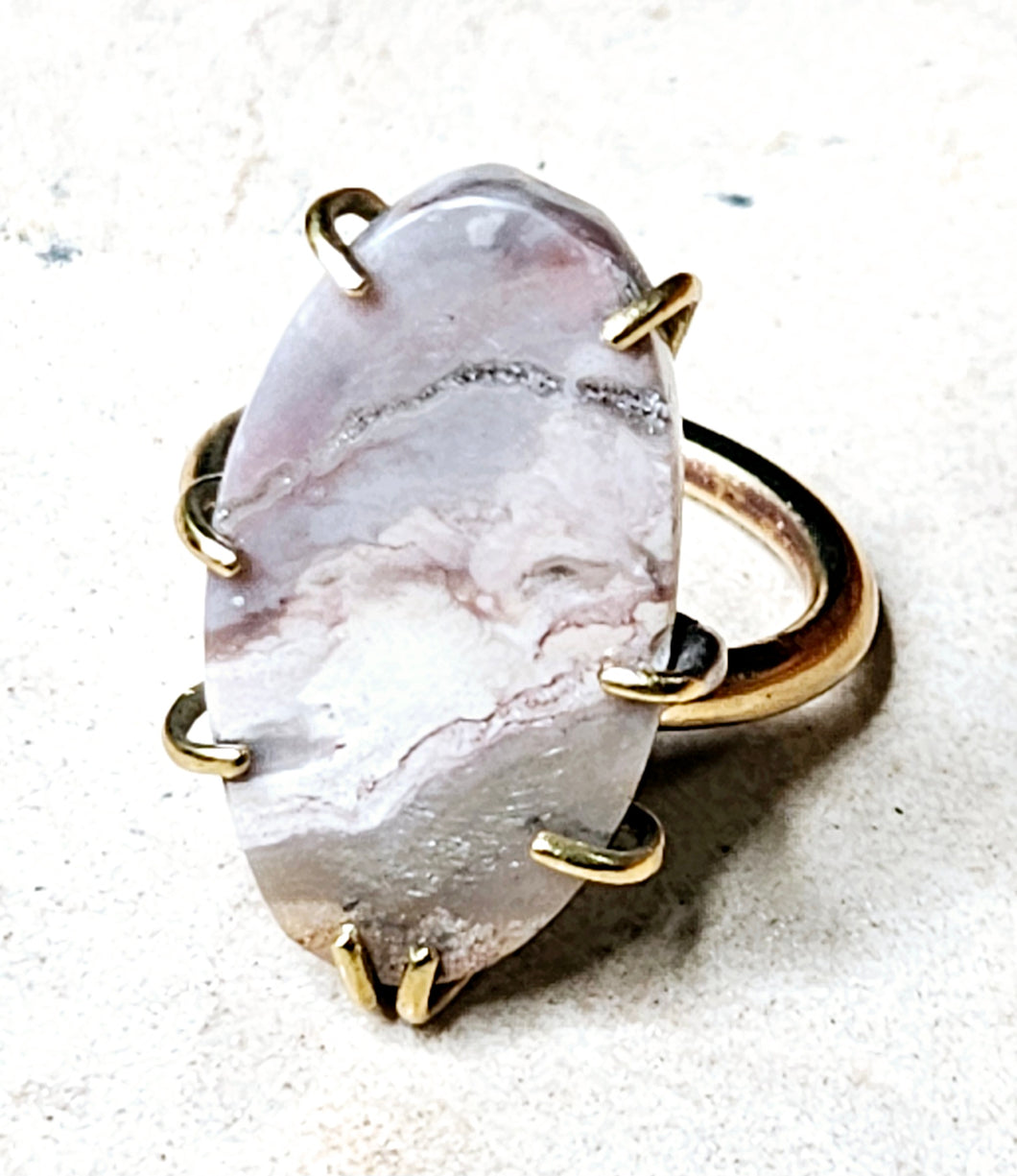 Gray Colored Agate Ring Brass Metal Size 9