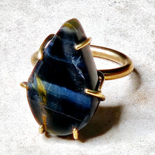 Load image into Gallery viewer, Natural Blue Tigers Eye Tear Drop Shaped Stone Ring Brass Metal Hardware Size 8.75
