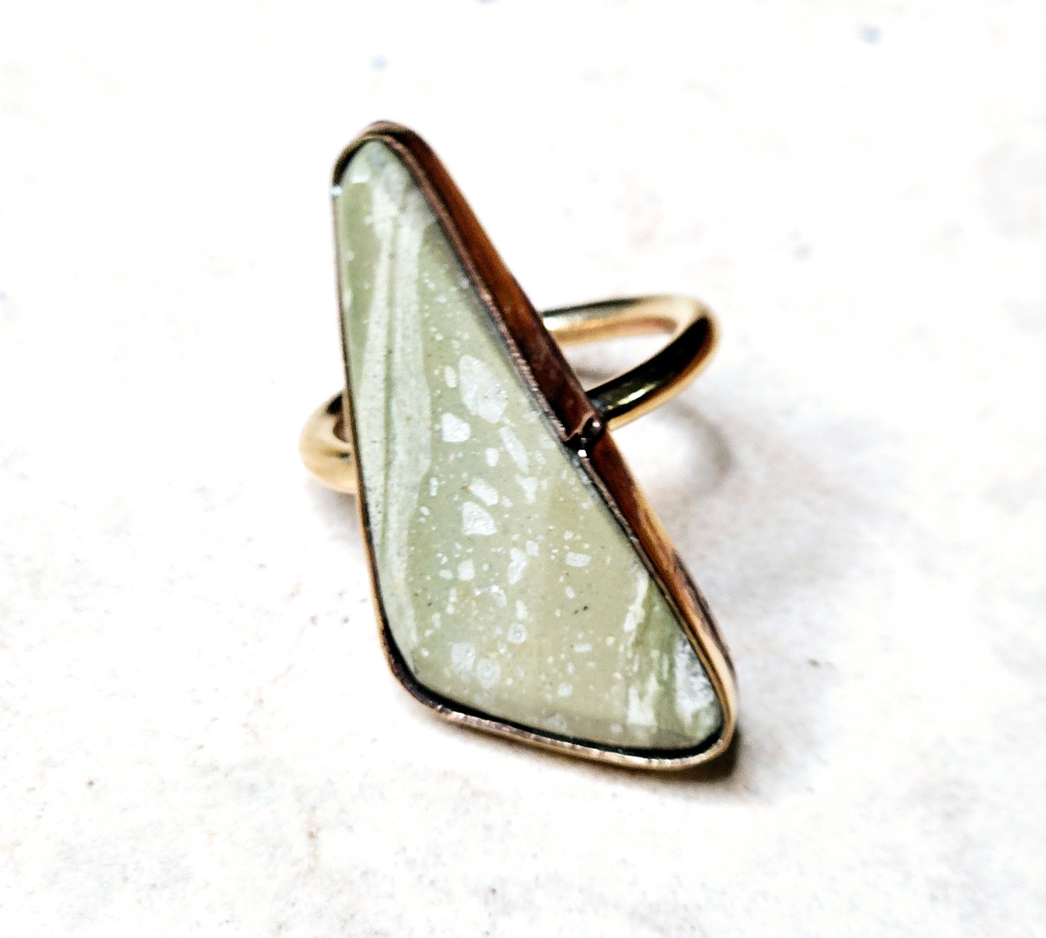 Green Jasper Triangle Shaped Ring Brass Metal Size 8.5 – Miriam