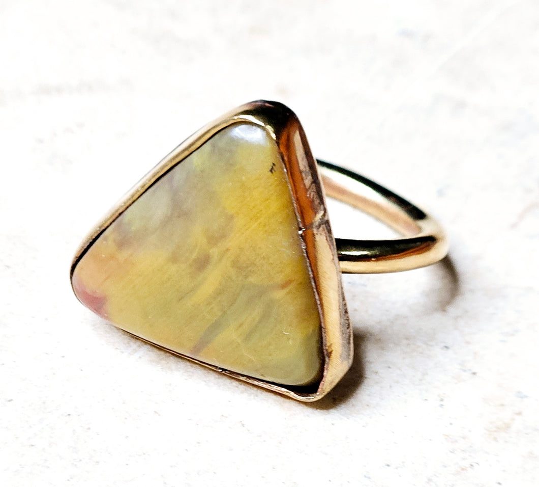 Mookaite Jasper Triangle Shaped Ring Brass Metal Size 7.125