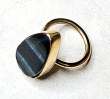 Load image into Gallery viewer, Natural Blue Tigers Eye Tear Drop Shaped Stone Ring Brass Metal Hardware Size 7.5
