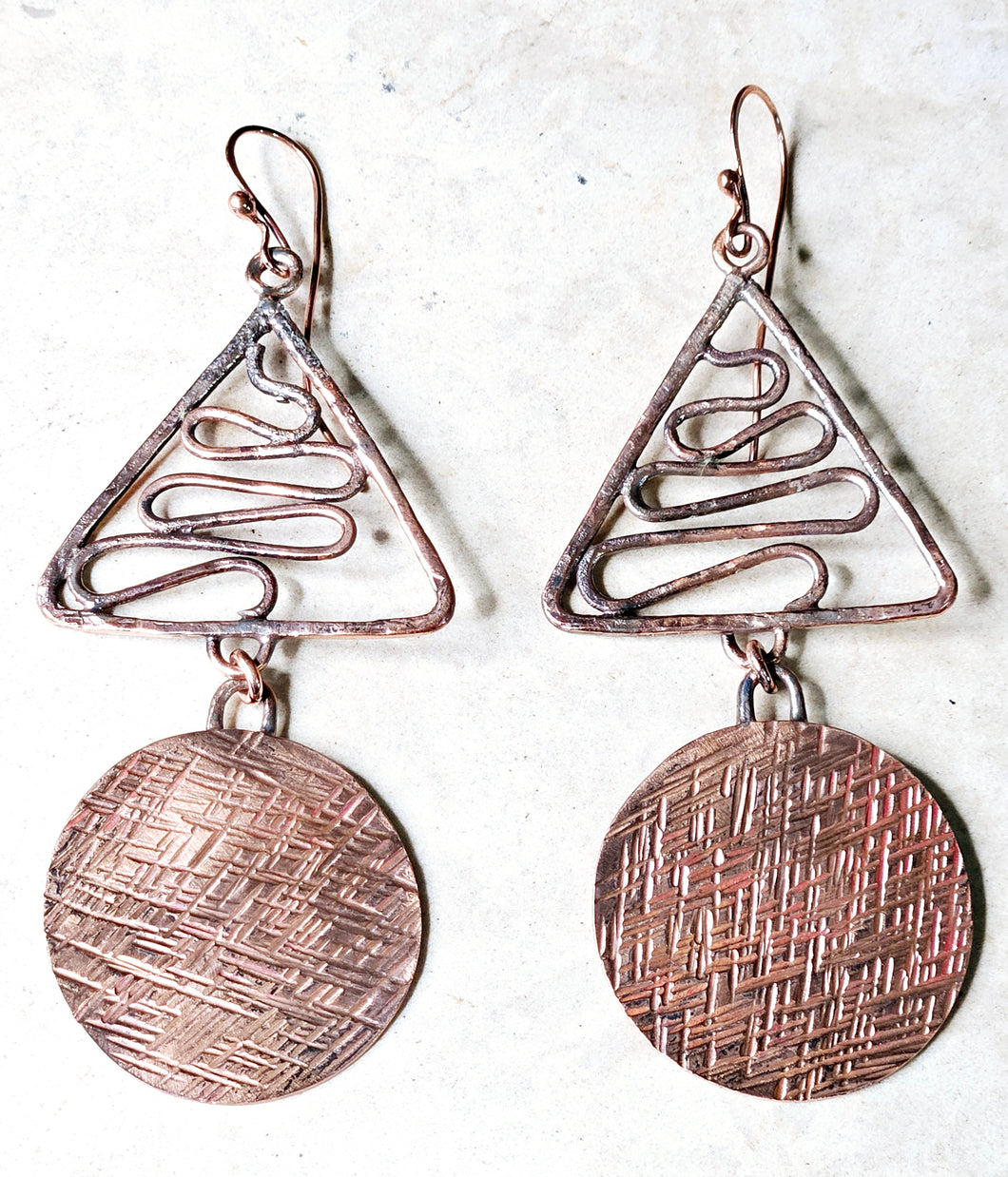 Hand Forged Tri-Circle Shape Copper Metal Earrings