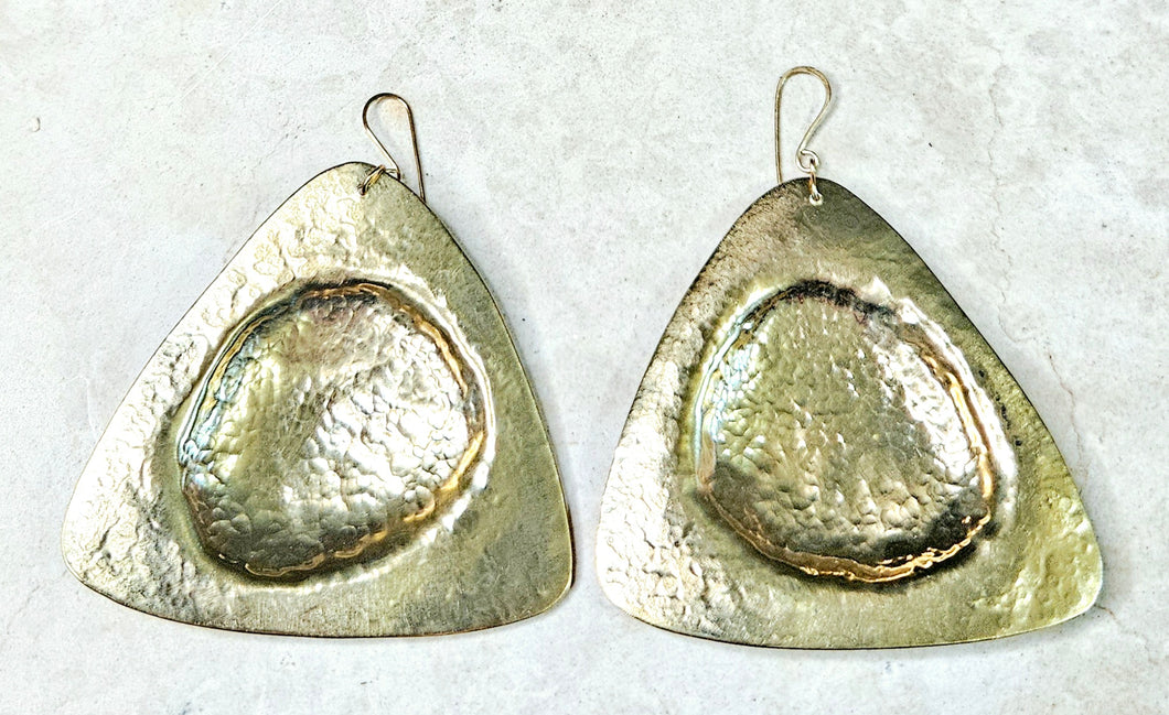 Hand Forged Brass Textured Tri Shape Earrings