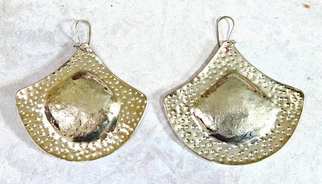 Hand Forged Hammered Texture Brass Textured Fan Shape Earrings