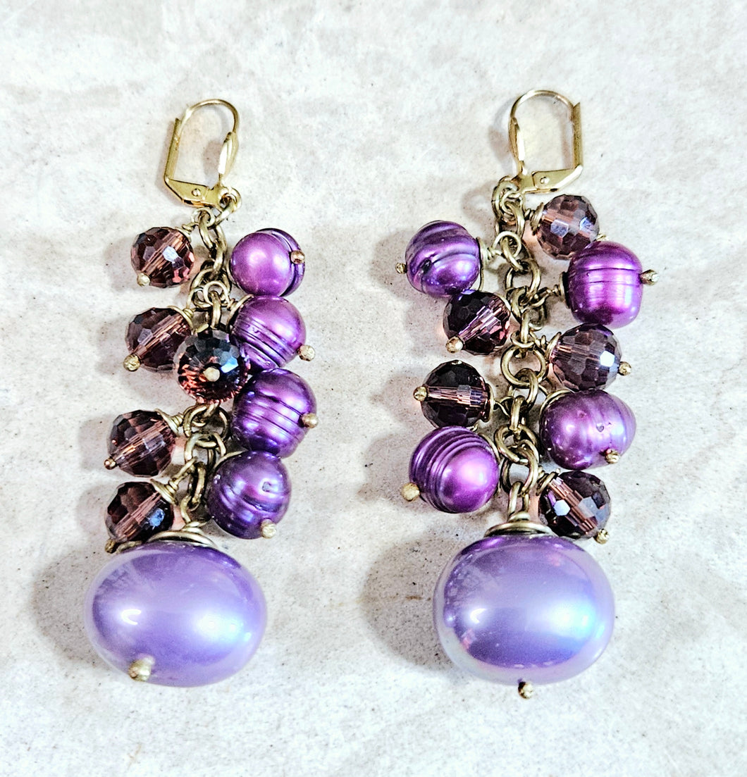 Purple Freshwater Shell Pearl & Crystal Glass Stones Cluster Drop Earrings Brass Metal Hardware