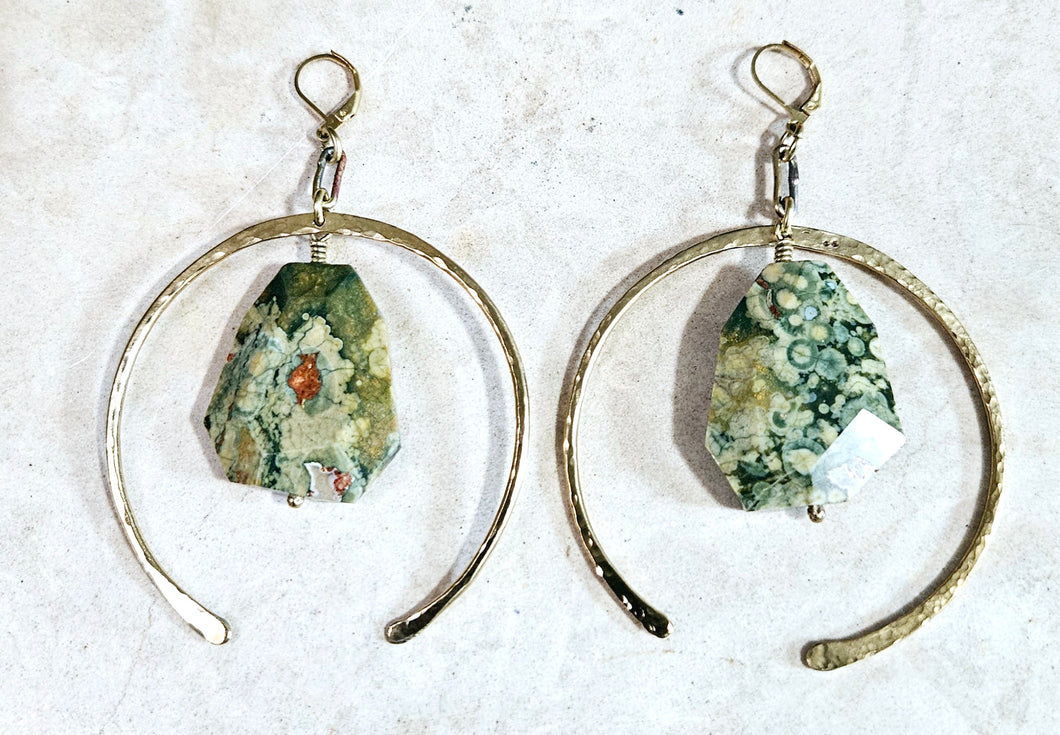 Ocean Jasper Stones & Open Hoop Earrings Brass Metal Hardware