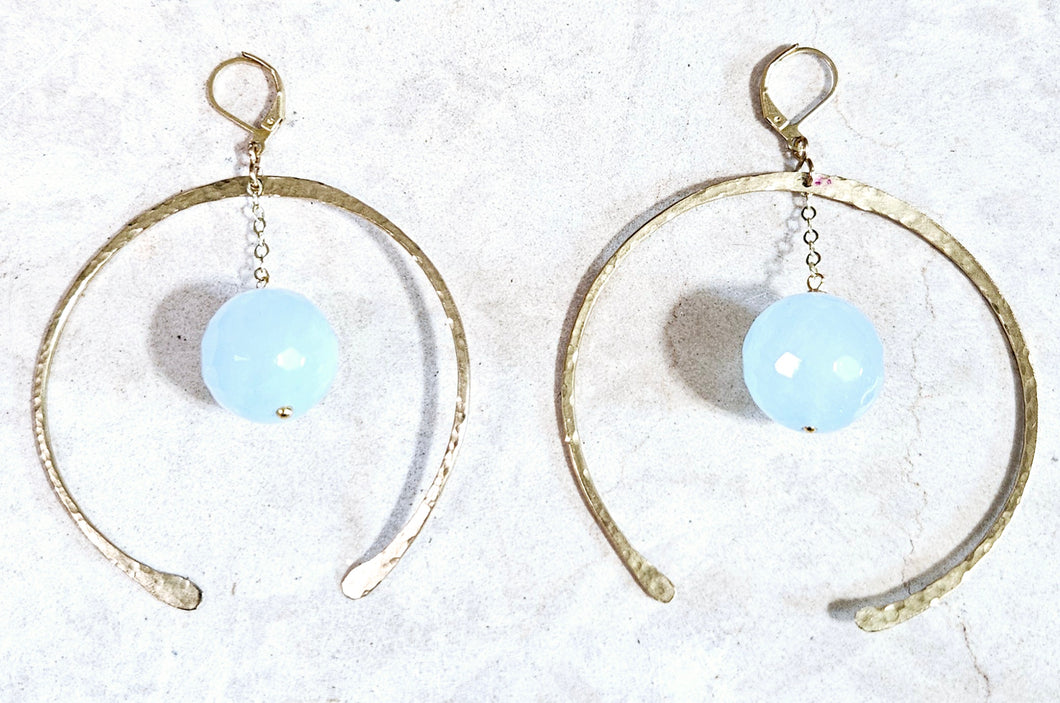 Aqua Chalcedony & Open Hoop Earrings Brass Metal Hardware