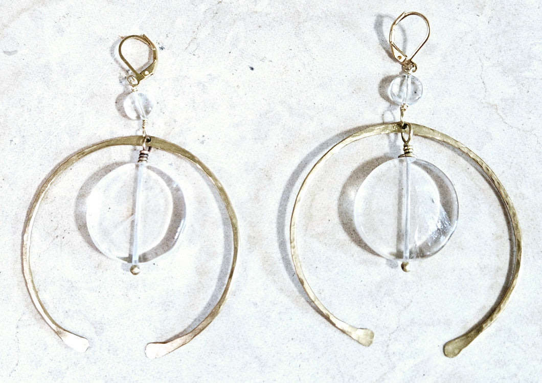 Rock Quartz & Open Hoop Earrings Brass Metal Hardware