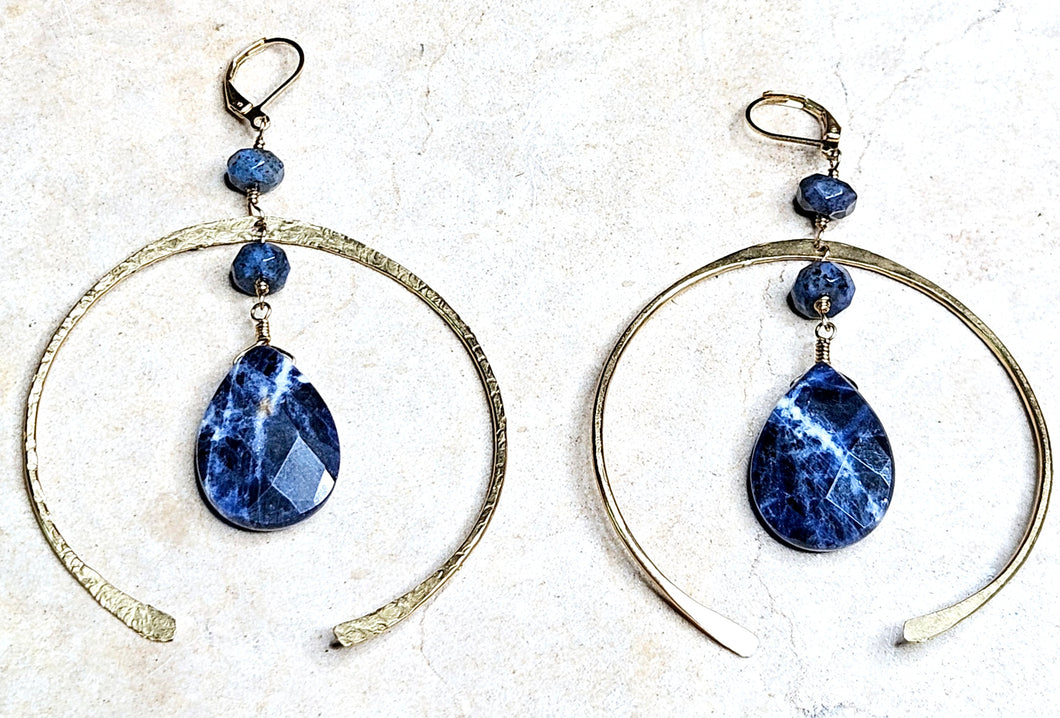 Handcrafted Sodalite & Open Hoop Earrings Brass Metal Hardware