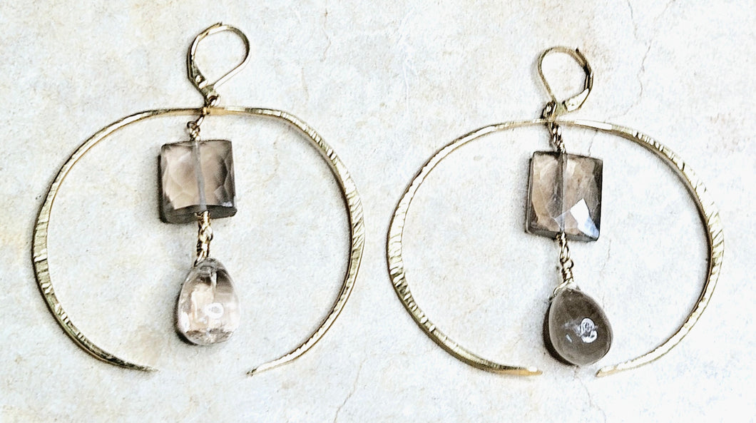 Handcrafted Smokey Quartz & Open Hoop Earrings Brass Metal Hardware