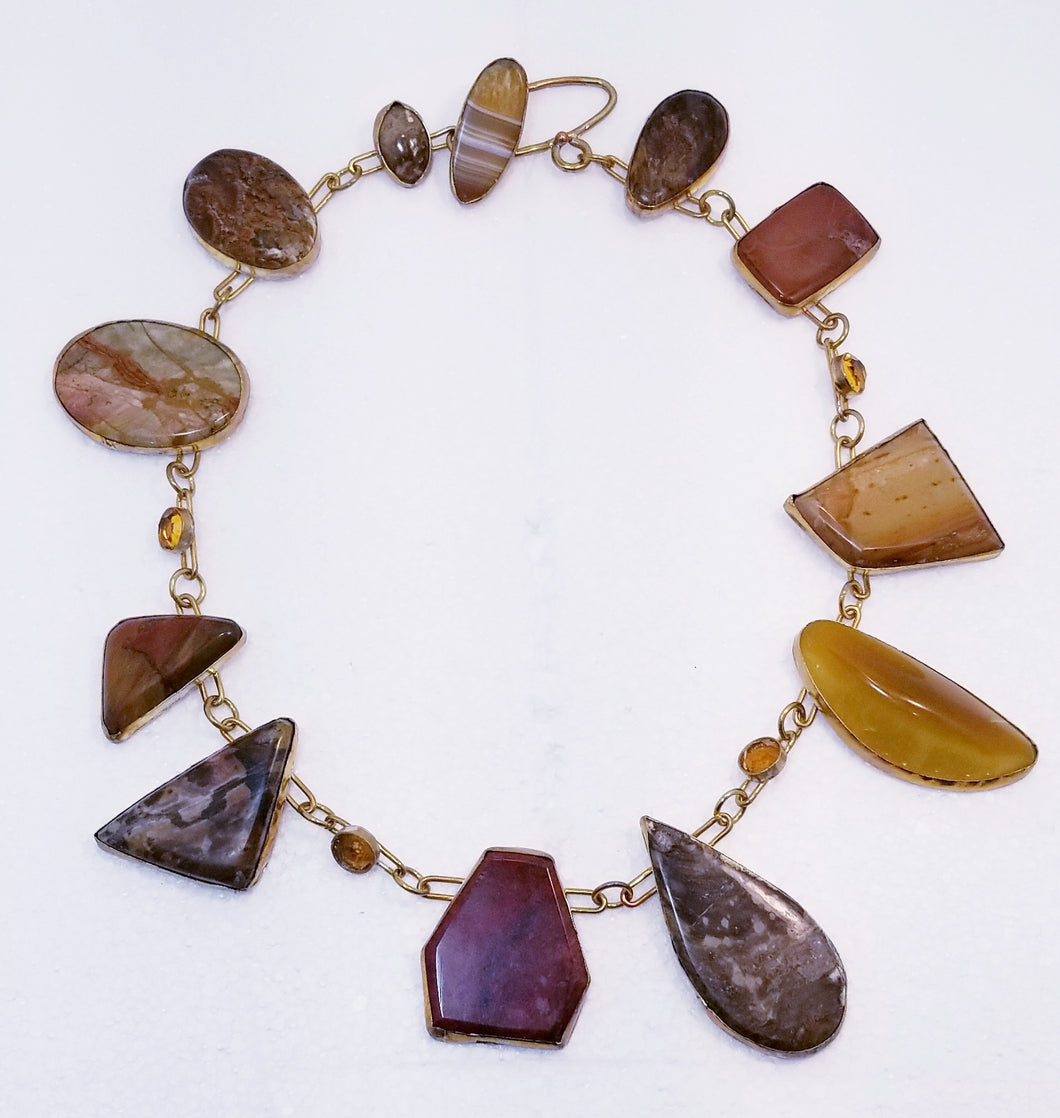 Organic Cut Agate & Jasper Multi-Stone Brass Metal Neck Piece